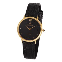   ASTRON 5154-1 női karóra, arany színű fém tok, fekete bőrszíj, fekete számlap, keményített ásványüveg, quartz szerkezet, cseppmentes vízállóság