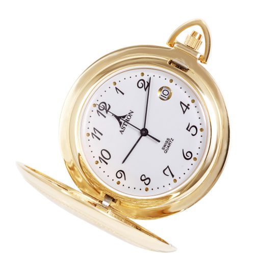 Astron zsebóra, arany színű tok és lánc, fehér számlap, arab számok