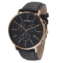 ASTRON 5504-1 férfi karóra, chronograph, rózsaarany színű nemesacél tok, fekete bőrszíj, fekete számlap, keményített ásványüveg, quartz szerkezet, cseppmentes vízállóság
