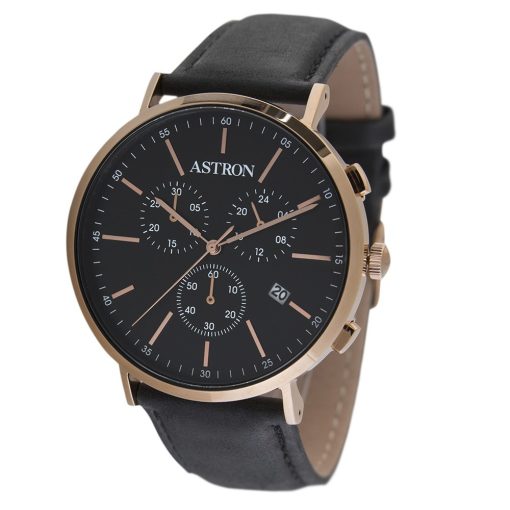 ASTRON 5504-1 férfi karóra, chronograph, rózsaarany színű nemesacél tok, fekete bőrszíj, fekete számlap, keményített ásványüveg, quartz szerkezet, cseppmentes vízállóság