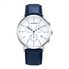 ASTRON 5504-7 férfi karóra, chronograph, ezüst színű nemesacél tok, kék bőrszíj, fehér számlap, keményített ásványüveg, quartz szerkezet, cseppmentes vízállóság