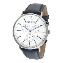ASTRON 5504-7 férfi karóra, chronograph, ezüst színű nemesacél tok, kék bőrszíj, fehér számlap, keményített ásványüveg, quartz szerkezet, cseppmentes vízállóság