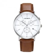 ASTRON 5504-8 férfi karóra, chronograph, ezüst színű nemesacél tok, barna bőrszíj, fehér számlap, keményített ásványüveg, quartz szerkezet, cseppmentes vízállóság