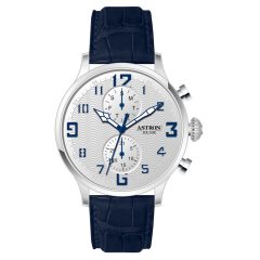   ASTRON 5506-7 férfi karóra, multifunkciós, ezüst színű nemesacél tok, kék bőrszíj, fehér számlap, keményített ásványüveg, quartz szerkezet, cseppmentes vízállóság