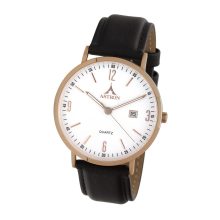 ASTRON 5536-8 férfi karóra, rózsaarany színű nemesacél tok, sötétbarna bőrszíj, fehér számlap, keményített ásványüveg, quartz szerkezet, cseppmentes vízállóság