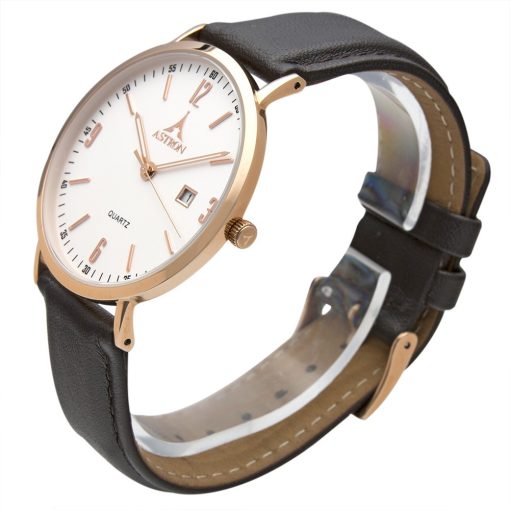 ASTRON 5536-8 férfi karóra, rózsaarany színű nemesacél tok, sötétbarna bőrszíj, fehér számlap, keményített ásványüveg, quartz szerkezet, cseppmentes vízállóság