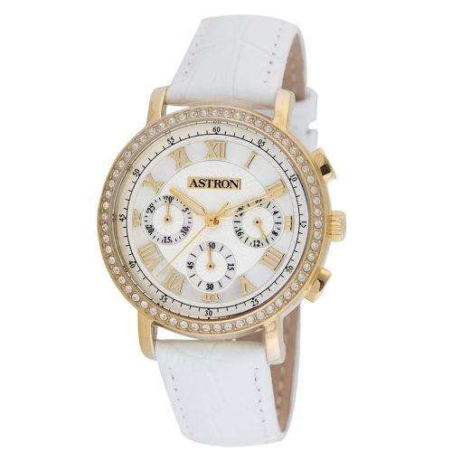 ASTRON 5540-4 divatos női karóra, chronograph, arany színű nemesacél tok, fehér bőrszíj, fehér számlap, keményített ásványüveg, quartz szerkezet, cseppmentes vízállóság