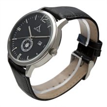 ASTRON 5554-1 férfi karóra, ezüst színű nemesacél tok, fekete bőrszíj, fekete számlap, keményített ásványüveg, quartz szerkezet, 50 m (5 ATM) vízállóság