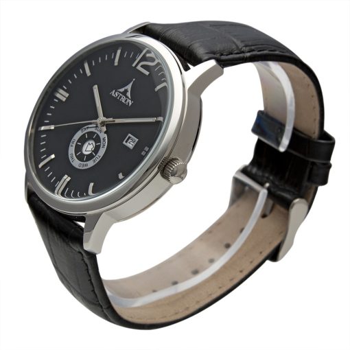 ASTRON 5554-1 férfi karóra, ezüst színű nemesacél tok, fekete bőrszíj, fekete számlap, keményített ásványüveg, quartz szerkezet, 50 m (5 ATM) vízállóság