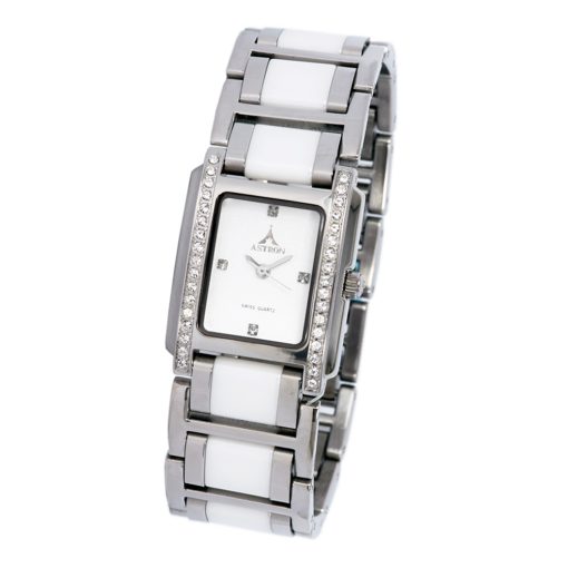ASTRON 5578-7 női karóra, ezüst színű nemesacél tok, bicolor színű nemesacél csat, kerámia díszítéssel, fehér számlap, keményített ásványüveg, quartz szerkezet, cseppmentes vízállóság