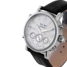 ASTRON 5758-7 férfi karóra, ezüst színű nemesacél tok, fekete bőrszíj, fehér számlap, keményített ásványüveg, mechanikus-automata szerkezet, cseppmentes vízállóság