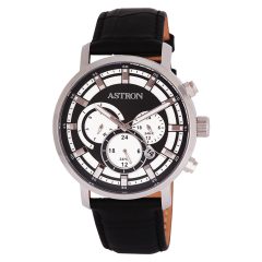   ASTRON 8010-1 divatos sportos férfi karóra, ezüst színű nemesacél tok, fekete bőrszíj, fekete számlap, keményített ásványüveg, multifunkciós quartz szerkezet, 50 m (5 ATM) vízállóság