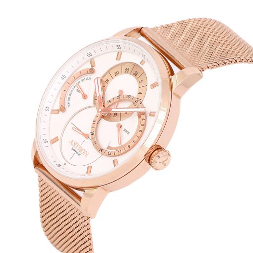 ASTRON 8026-5 férfi karóra, rózsaarany színű nemesacél tok, rózsaarany színű milánó nemesacéli csat, fehér számlap, zafírüveg, quartz szerkezet, cseppmentes vízállóság