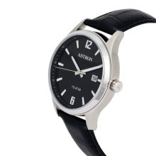 ASTRON 8039-1 férfi karóra, ezüst színű nemesacél tok, fekete bőrszíj, fekete számlap, keményített ásványüveg, quartz szerkezet, 100 m (10 ATM) vízállóság