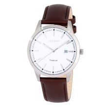 ASTRON 8043-7 férfi karóra, ezüst színű titánium tok, barna bőrszíj, fehér számlap, keményített ásványüveg, quartz szerkezet, 50 m (5 ATM) vízállóság