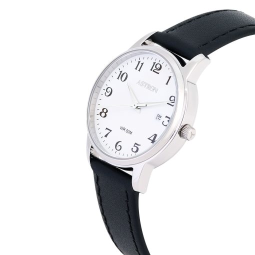 ASTRON 8048-7 női karóra, ezüst színű nemesacél tok, fekete színű bőrszíj, fehér számlap, keményített ásványüveg, quartz szerkezet, 50 m (5 ATM) vízállóság