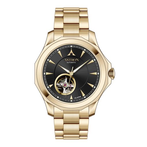 ASTRON 8066-0 automata férfi karóra, arany színű nemesacél tok, arany színű nemesacél csat, fekete számlap, zafír üveg, mechanikus automata szerkezet, WR100M vízállóság